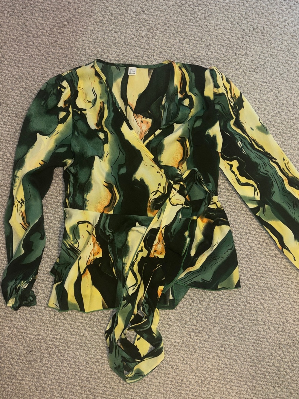 Wrap-Front Women's Jacket in Green & Yellow Abstract Print
